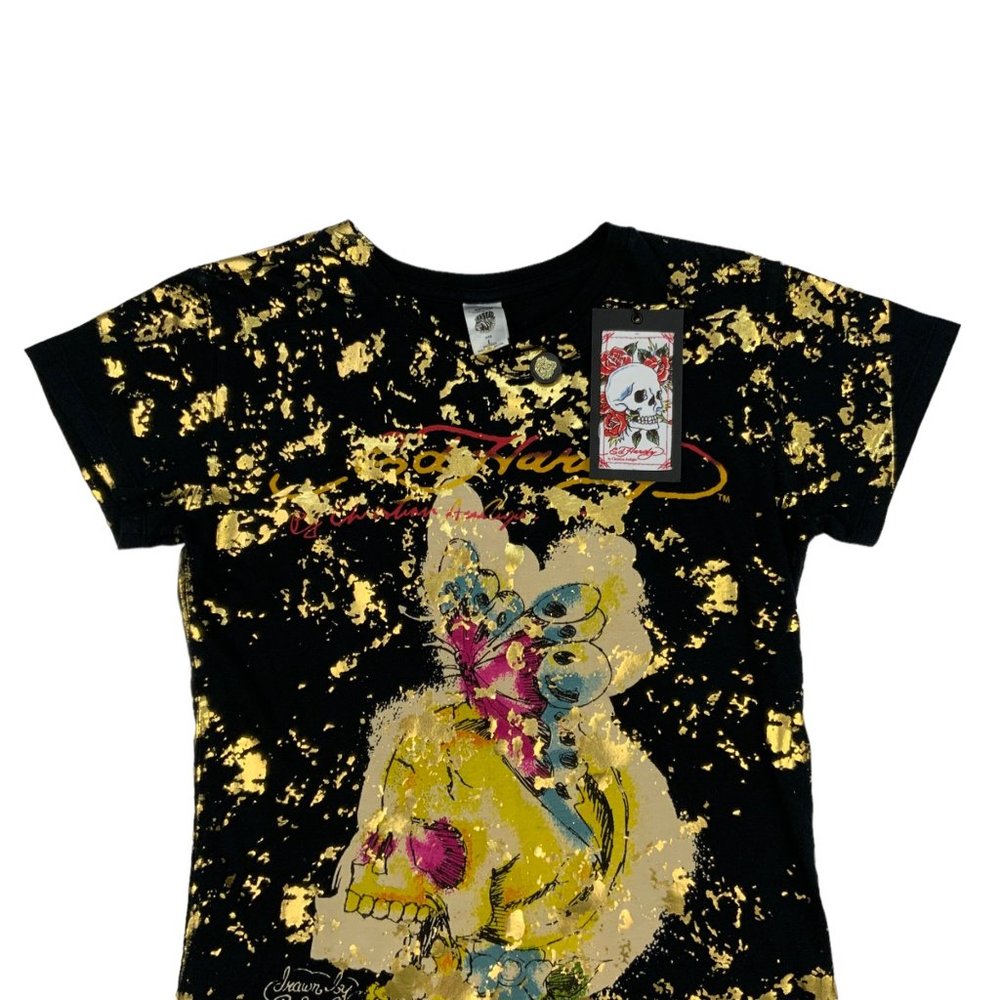 Ed Hardy NWT Rare Gold Fleck Sketch T-Shirt L Black Butterfly Skull t-shirt - Picture 6 of 11